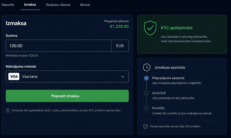 Naudas izmaksa no online kazino konta